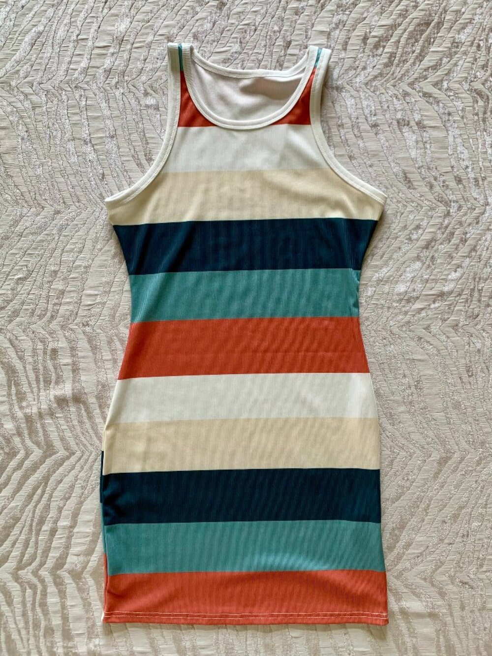 Earthy Tone Retro Striped Ribbed Bodycon Sleeveless Tank Style Mini Dress - Picture 1 of 6